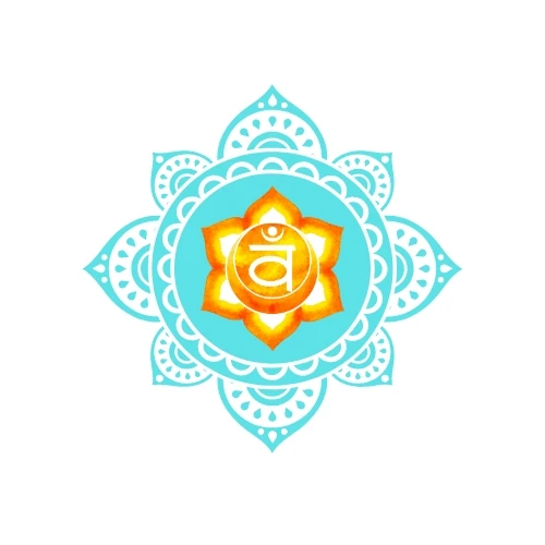 Chakra sacro (Svadhisthana) – ESPAI BO Barcelona Símbolo del chakra sacro Svadhisthana en color naranja sobre mandala turquesa, ESPAI BO Barcelona