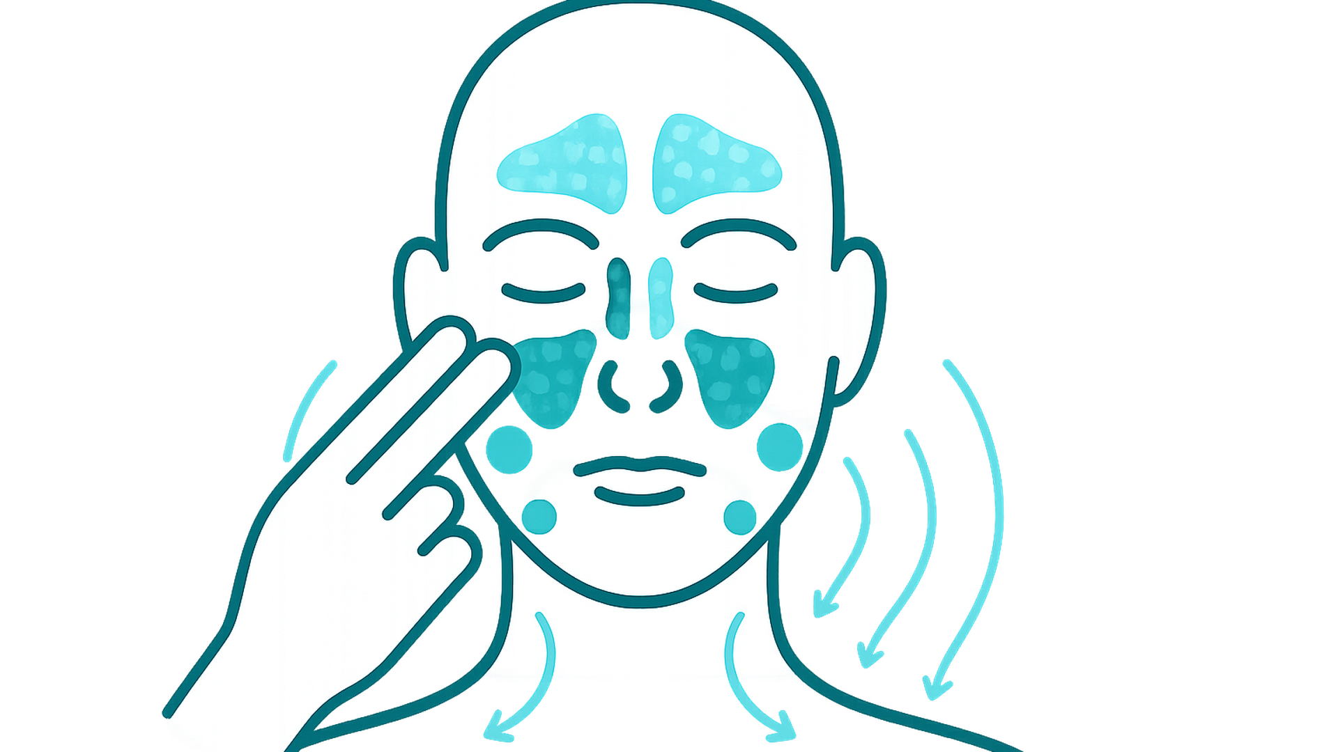 Ilustración minimalista que indica zonas de masaje facial para drenar los senos paranasales, en turquesas.