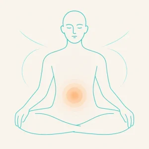 Meditación y visualización · Chakra Sacro (Svadhisthana) – ESPAI BO, Barcelona Silueta en meditación delineada en azul #34ede0 con resplandor naranja en el bajo vientre