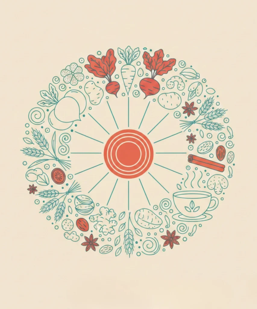 Ilustración del chakra raíz con alimentos cálidos y de tierra que favorecen el enraizamiento y la estabilidad.