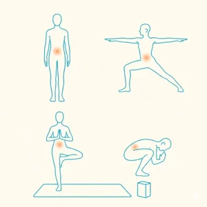 Ilustración de yoga para chakra raíz con Tadasana, Guerrero II, Árbol y Malasana