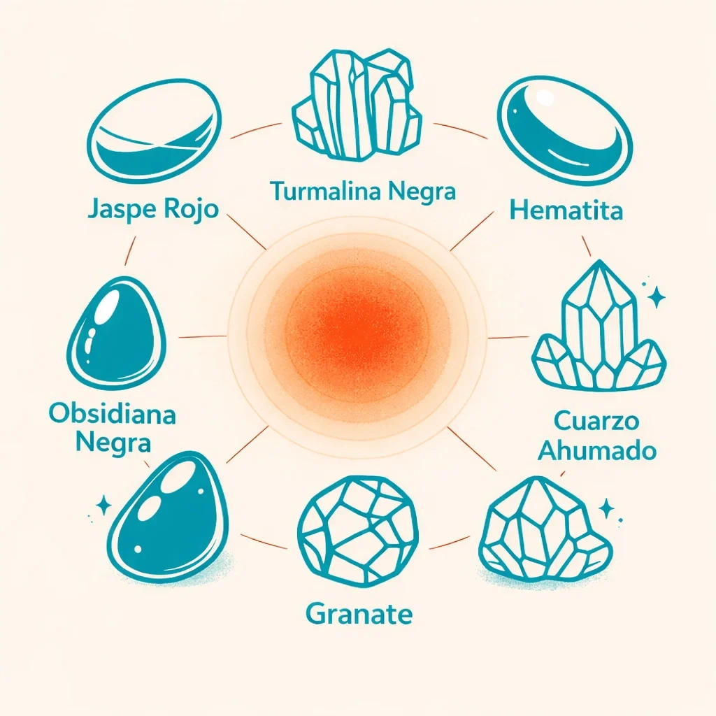 Ilustración del chakra raíz con seis piedras protectoras y de enraizamiento alrededor de un centro rojo anaranjado.