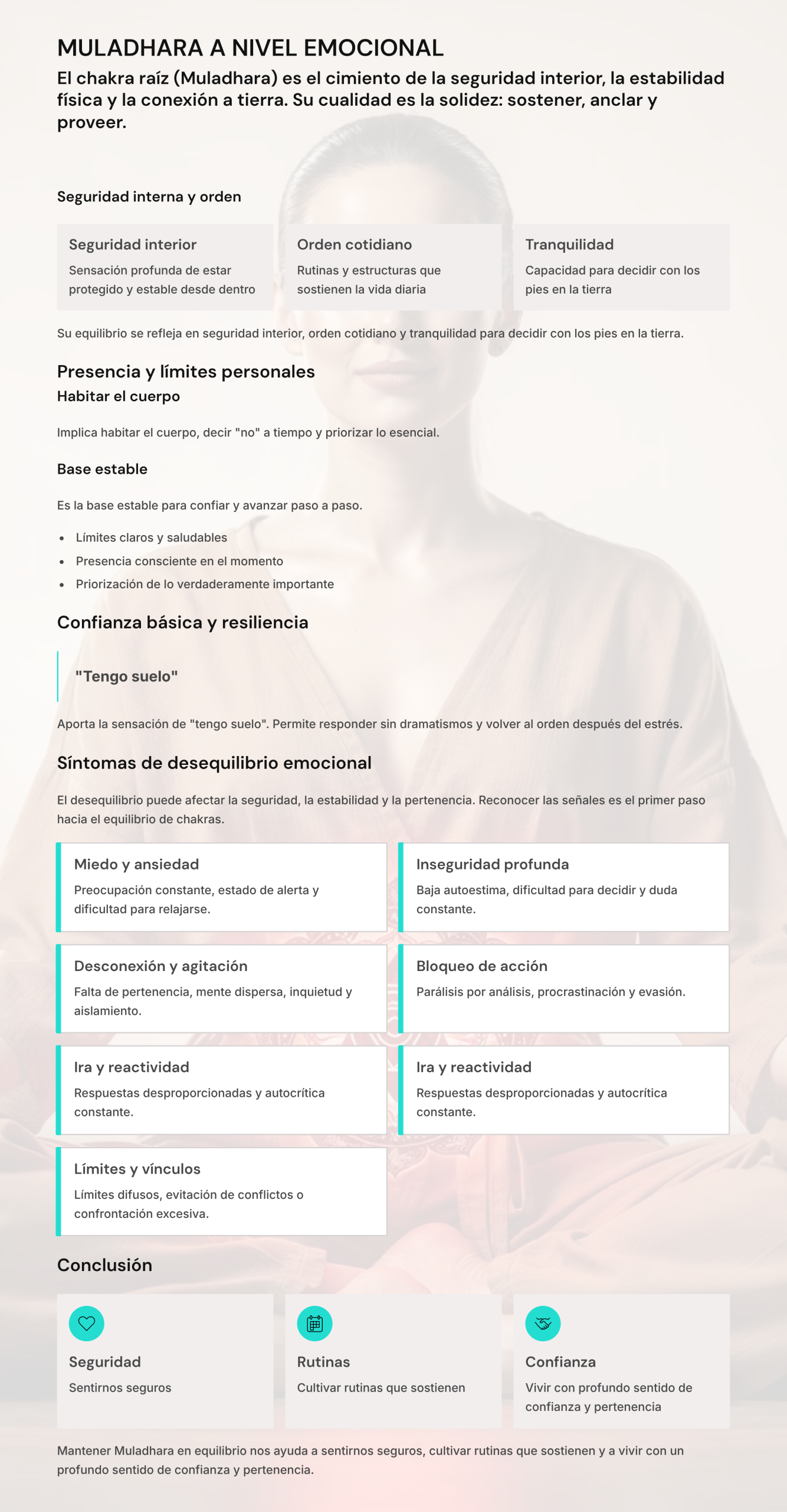 Infografía del chakra raíz (Muladhara) a nivel emocional: seguridad interior, orden y tranquilidad