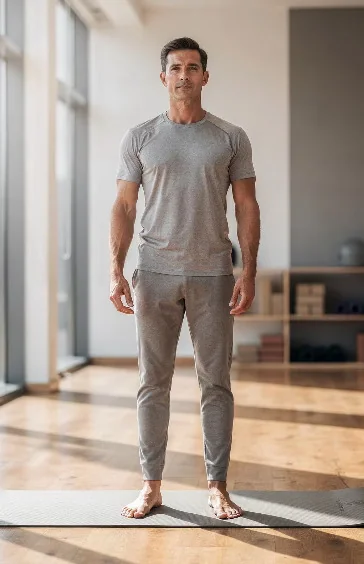 Persona de pie en Tadasana (Postura de la Montaña), postura de enraizamiento para el chakra raíz (Muladhara)