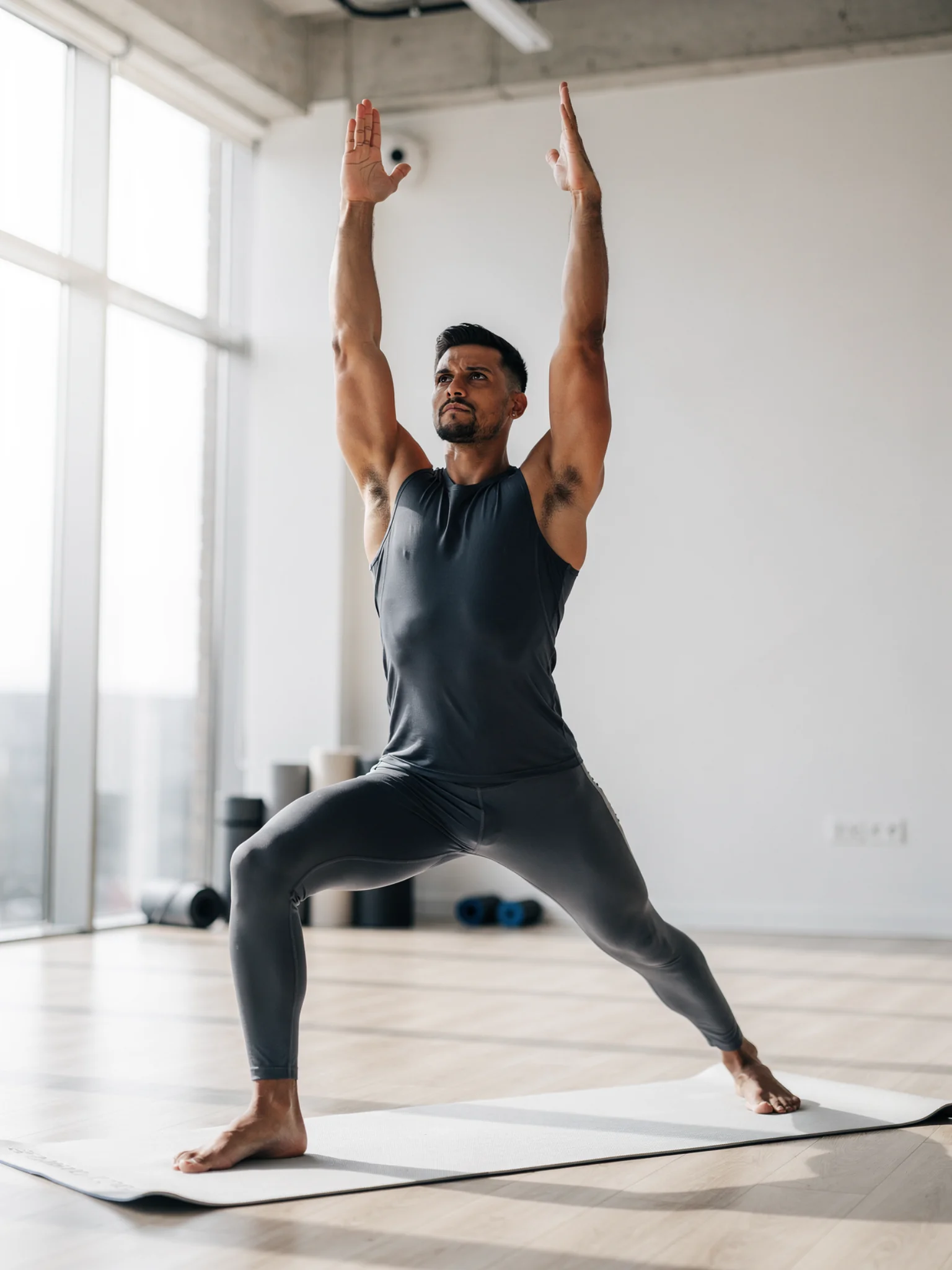 Persona en Virabhadrasana I (Guerrero I), postura de fuerza y estabilidad para el chakra raíz (Muladhara)