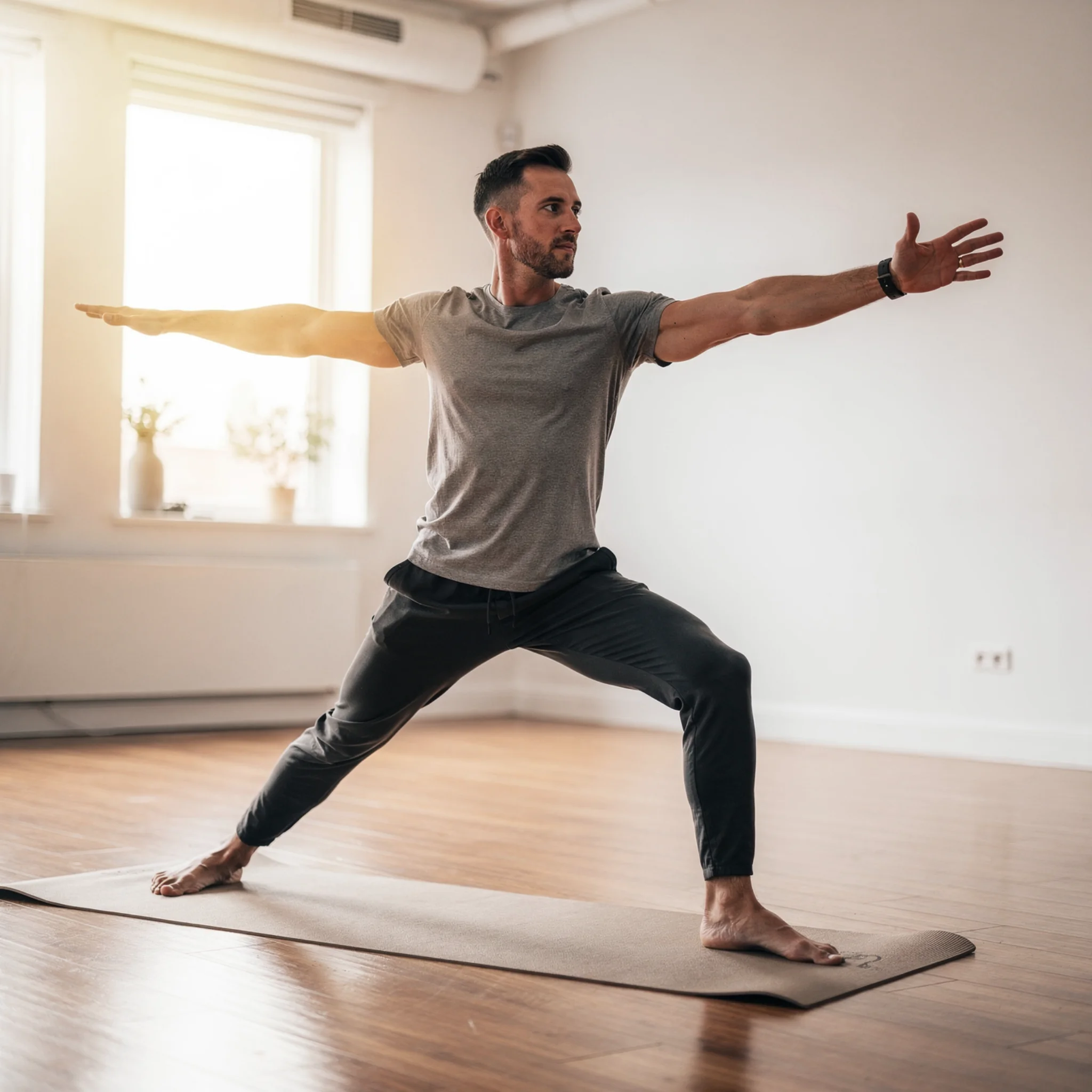 Persona en Virabhadrasana II (Guerrero II), postura de estabilidad y poder personal para el chakra raíz (Muladhara)