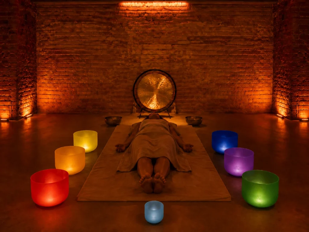 Baño de sonido en ESPAI BO Barcelona con una persona tumbada en tatami rodeada por siete cuencos de colores, uno por cada chakra, y un gong al fondo.