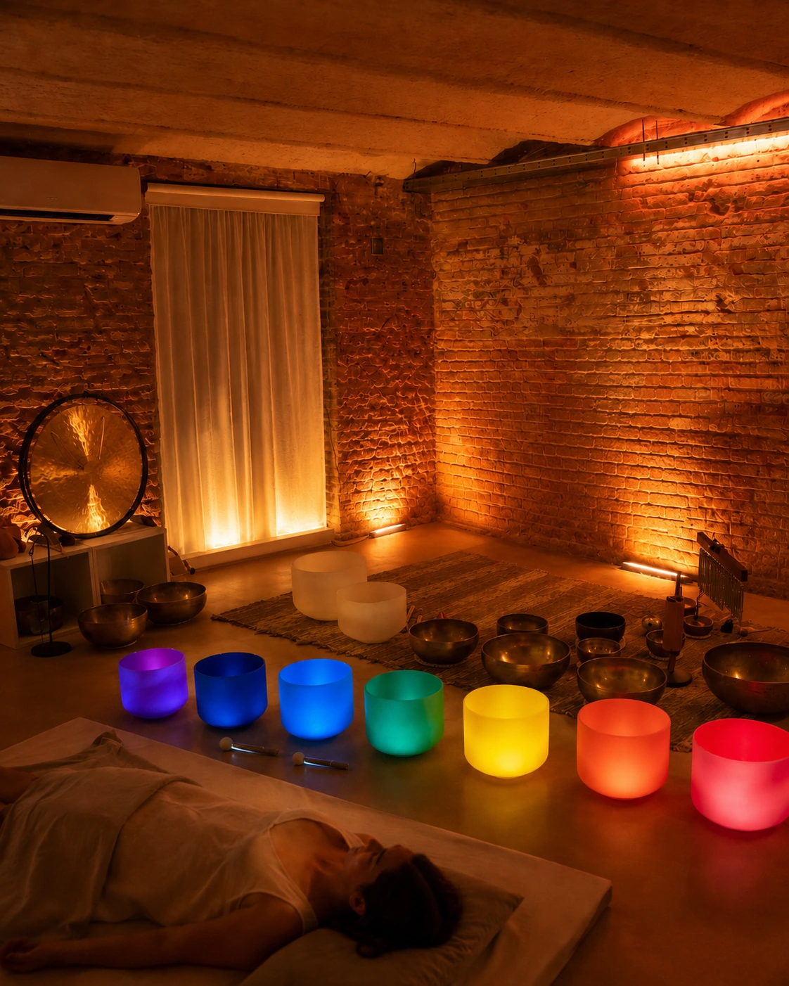 Baño de sonido individual en ESPAI BO Barcelona con cuencos de cuarzo, gongs e instrumentos terapéuticos en una sala de ambiente cálido y meditativo.